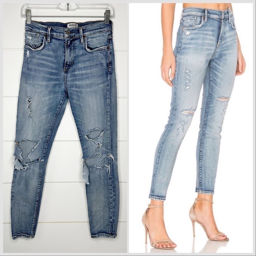 AGOLDE Sophie Distressed High Waist Skinny Crop Jeans Medium Blue Wash Size 26